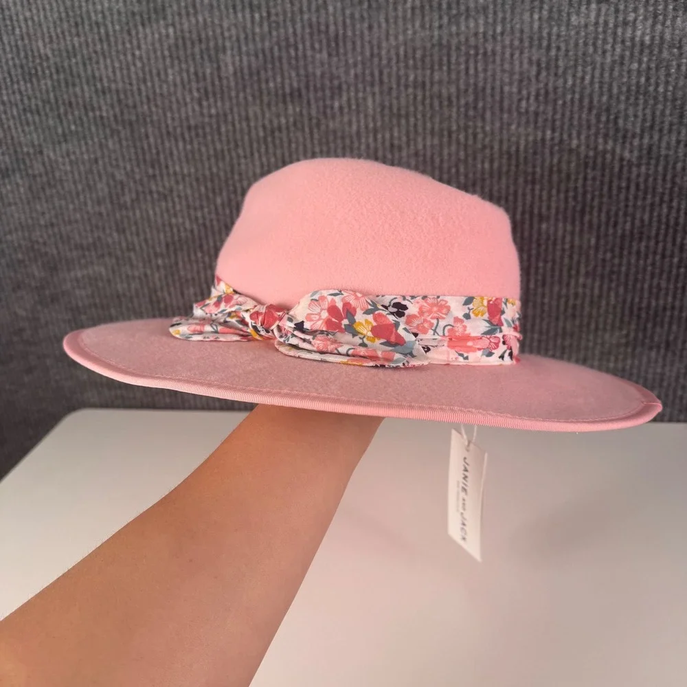 Janie and Jack Girls Pink Wool Felt Fedora Hat Floral Ribbon Size 6-8 NEW‎ B18Q